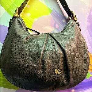 BURBERRY Brown Leather Pleated Hobo Shoulder Bag